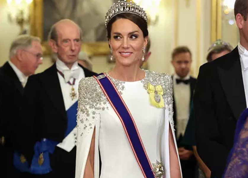 Kate Middleton in White Cape Dress at King Charles III's First Banquet