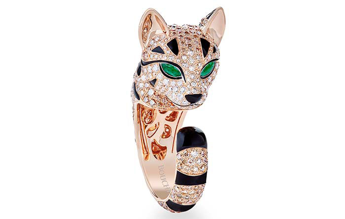 BOUCHERON Fuzzy, the Leopard Cat ring diamonds, emeralds and pink gold