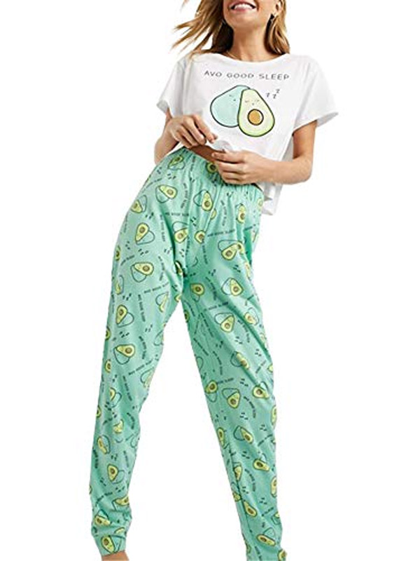 Brave Soul Avocado Print Pajama Set White/Green