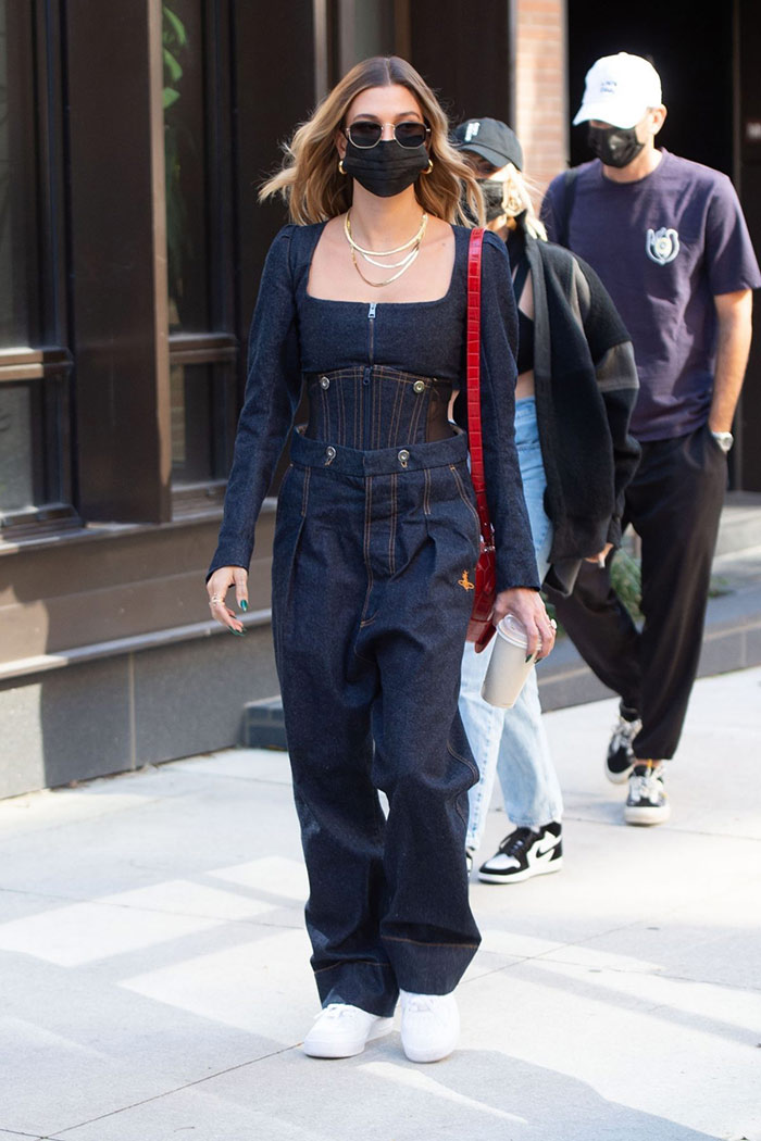 Hailey-Bieber-wearing-all-denim-and-sneakers