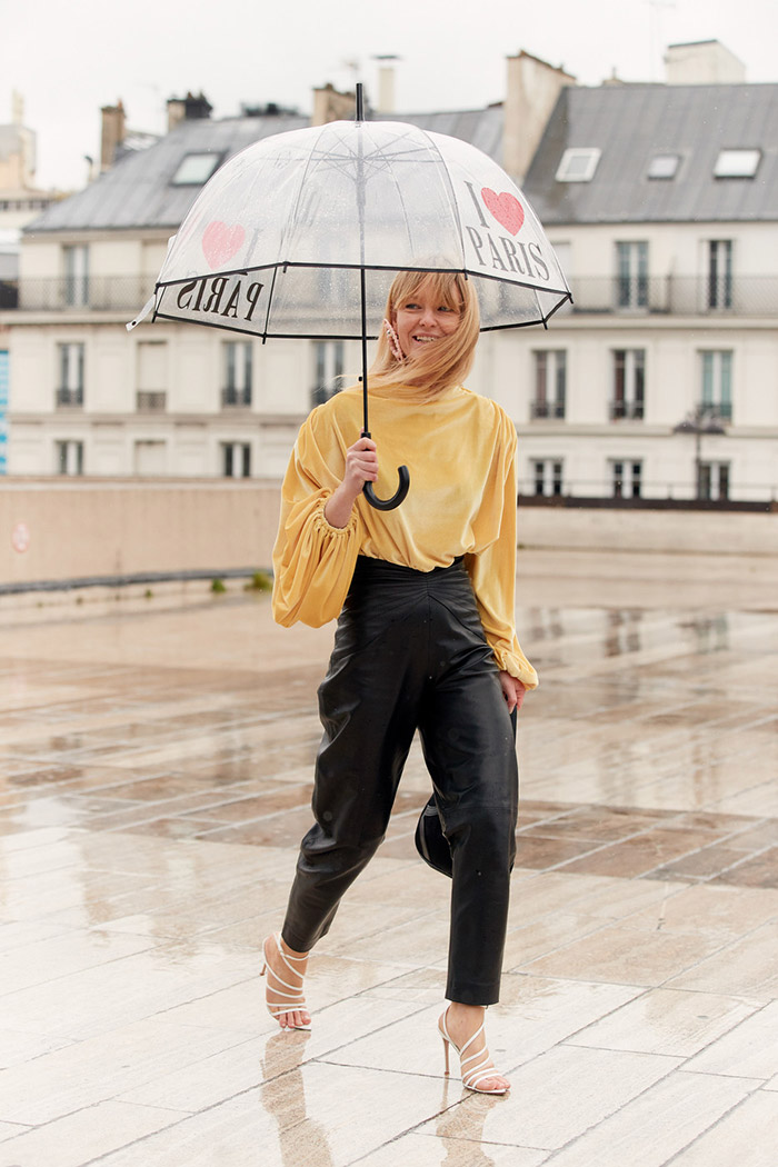 Jeanette-Friis-Madsen-wearing-yellow-blouse-at-Paris-Fashion-Week
