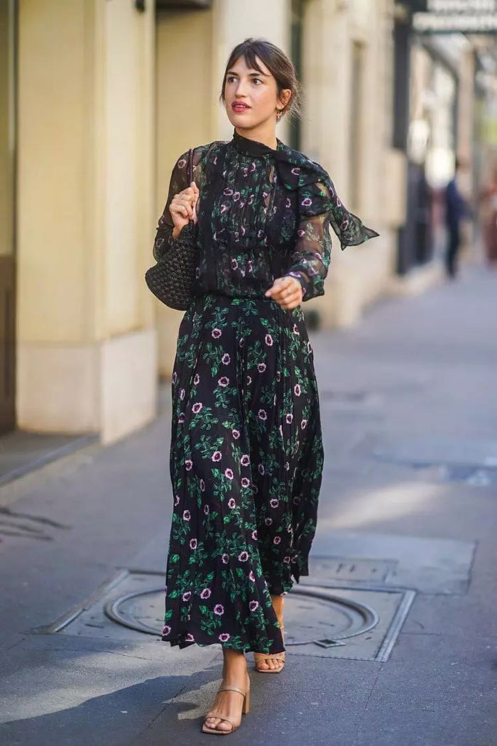 Jeanne Damas wearing long sleeve maxi dress