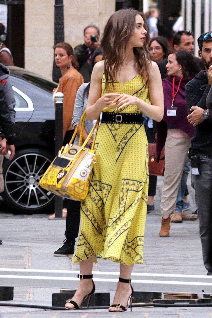 Lily-Collins-Ganni-yellow-print-top-and-skirt