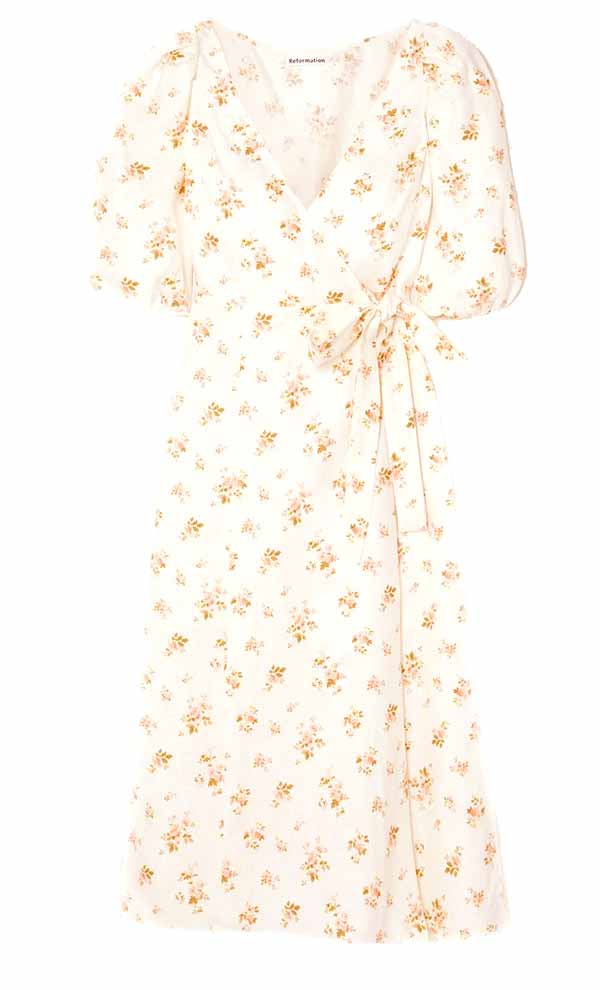 Mint floral-print linen wrap midi dress, Reformation