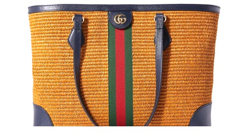 Ophidia medium webbing and leather-trimmed raffia tote from Gucci