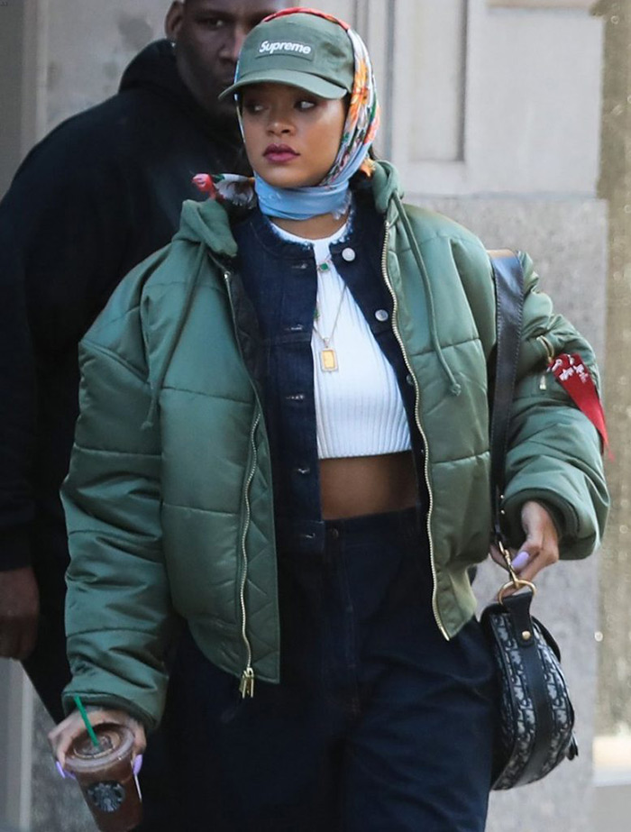 Rihanna-Supreme-hat-Vetements-Alpha-Industries-jacket-Fenty-Puma-boots-Dior-bag