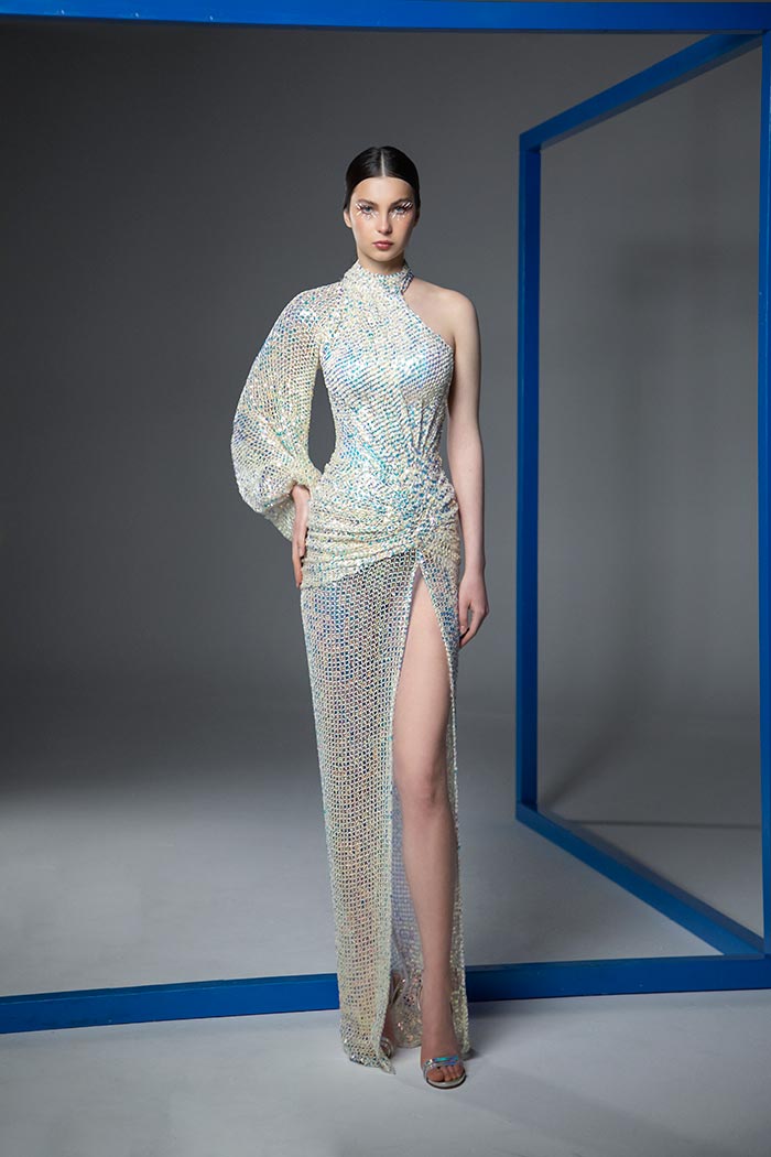 SS21-2-Holographic-halter-neck-gown-embroidered-with-scroll-sequins,-featuring-a-side-sleeve-and-a-tigh-high-slitt-