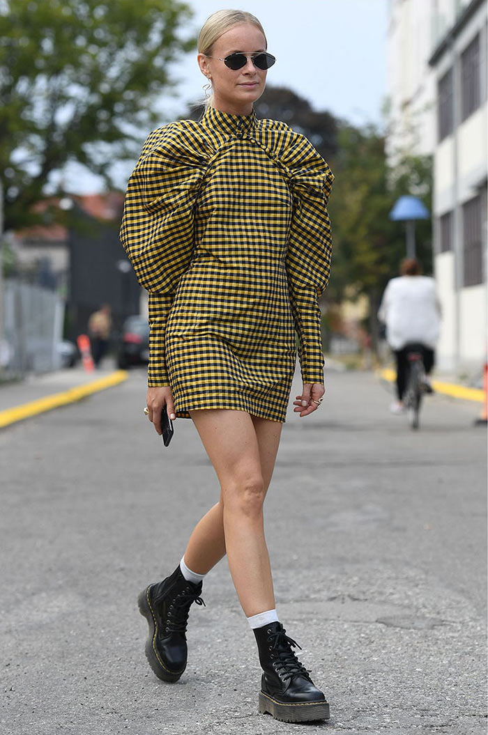 Street-style-puff-sleeve-mini-dress-black-biker-boots-white-socks