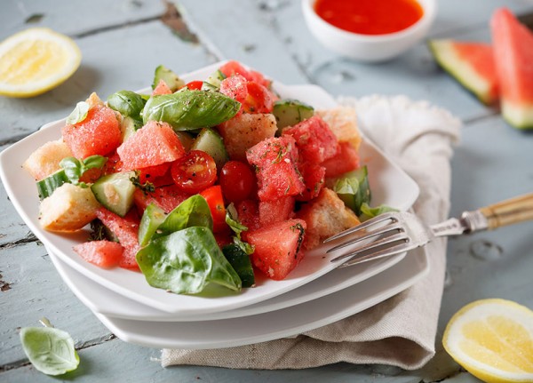 Watermelon with croutons salad