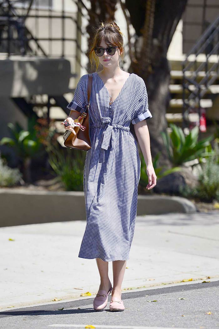 dakota-johnson-looks-lovely-in-a-gingham-summer-dress-and-pink-gucci-loafers