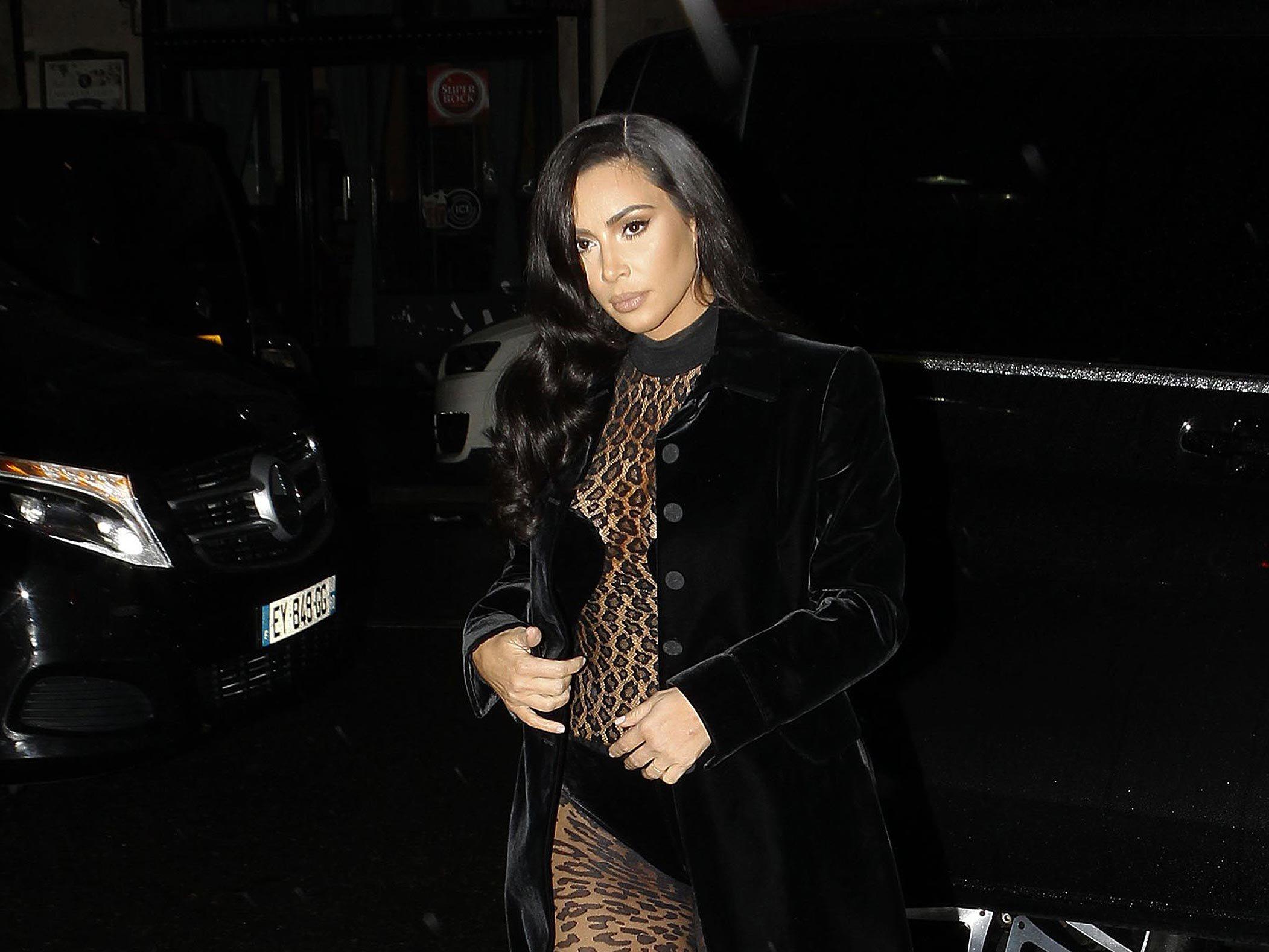 Kim Kardashian wearing a catsuit in Paris